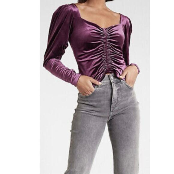 Express Tops - NWT Express Dark Purple Velvet Long Sleeve Blouse Top Ruched Front Women XSmall
